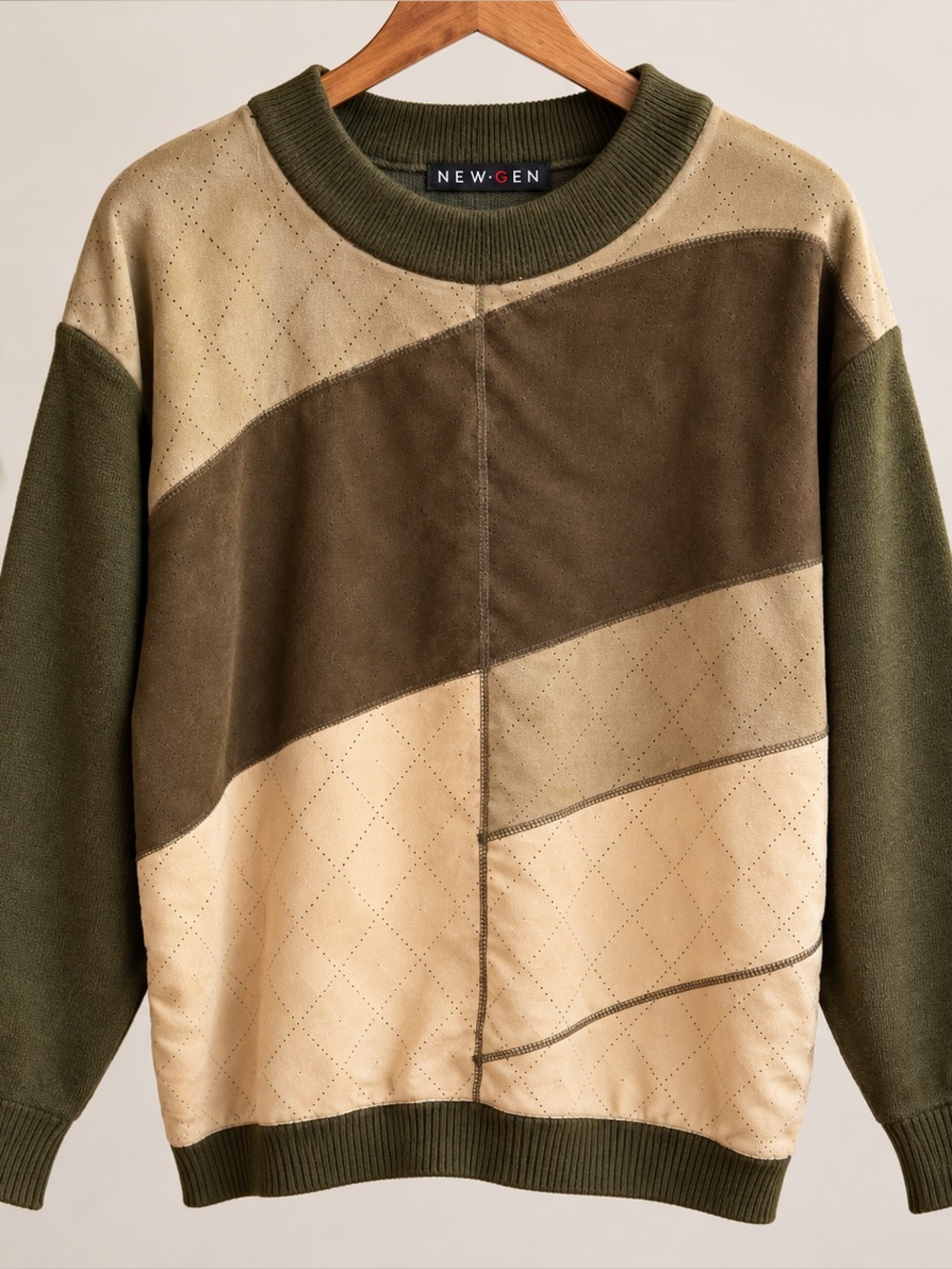 Vintage NEW-GEN Men’s XL Olive Patchwork Faux Suede Knit Sweater Made Korea